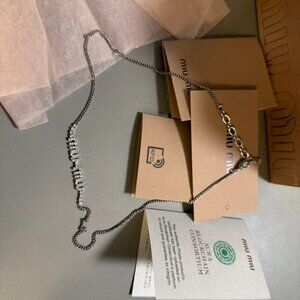 Miu Miu Pave Crystal Logo Pendant Necklace Silver Tone